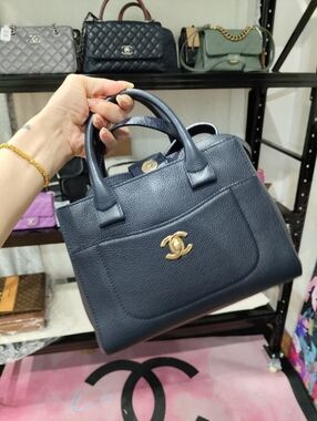 CHANEL Navy Caviar Leather Top-Handle Satchel with Gold CC
